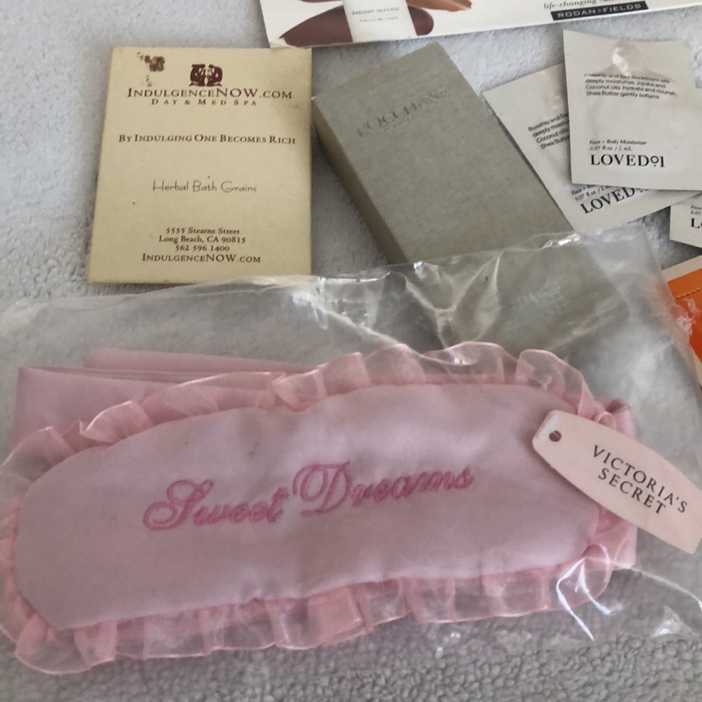 VS Eye Mask, transparent Pink Heart Tote Bag Filled with travel size skin care!
